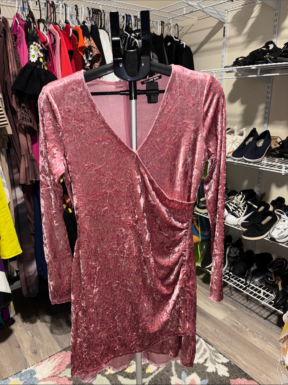 Gianni Bini Crushed Velvet Faux-Wrap Dress in Blush Pink